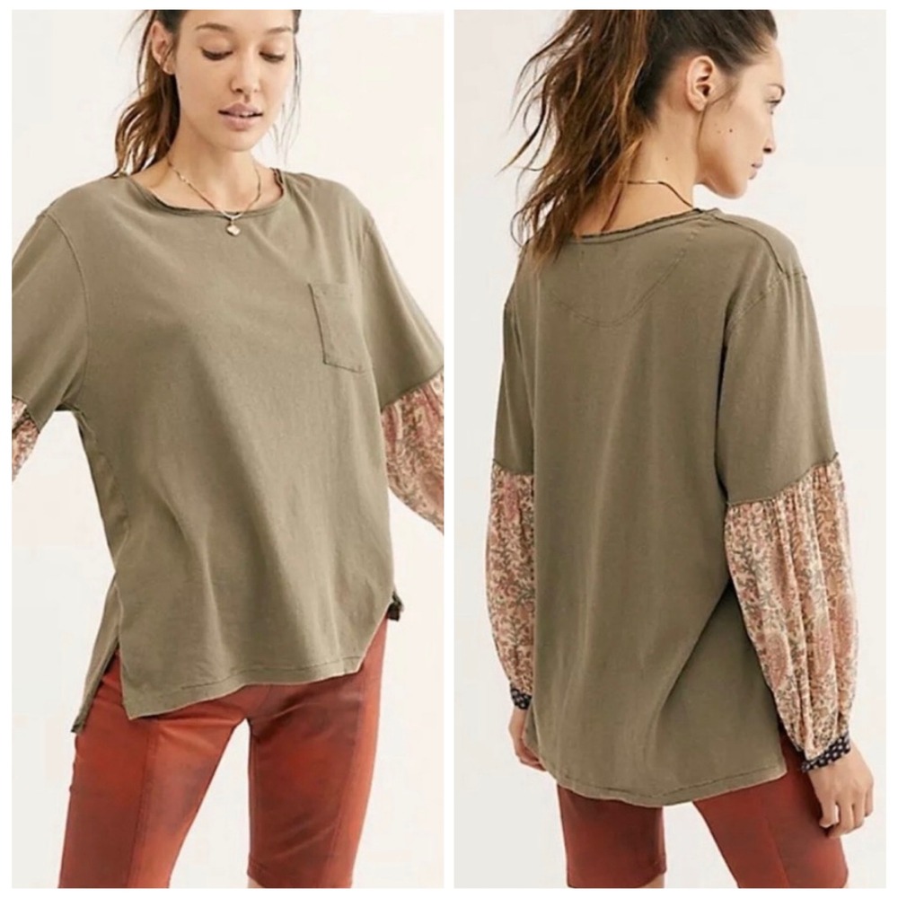 Free People We The Free Jade Top Women Medium Army Boho Paisley Mixed Media Tee